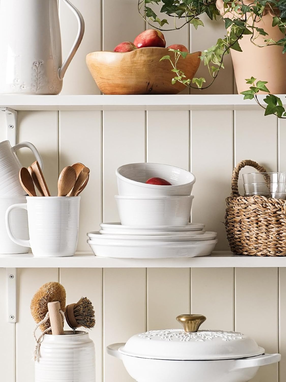 LE TAUCI 16-Piece Ceramic Cups and Plates sets for Kitchen, Service for 4 – White Farmhouse Deeper Plates & Bowls (10" Dinner, 8" Salad, 6" Bowls, 18 oz Mugs), Stackable, Chip Resistant Stoneware