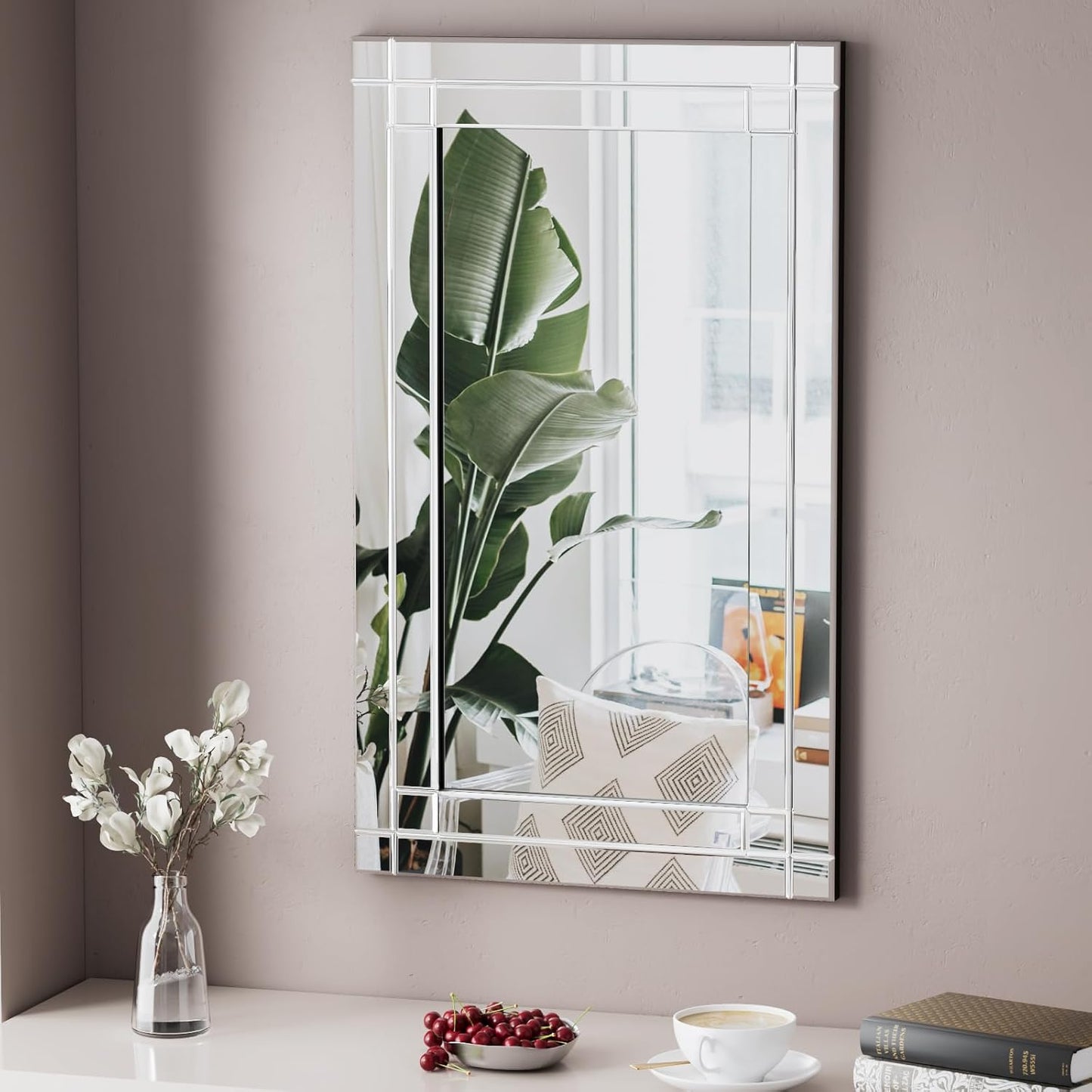 COOL2DAY 18" x 30"Frameless Rectangular Wall Mirror,Polished Beveled Edge Decorative Mirrors Modern Wall Decor Mirrors Silver Wall Mirror for Bathroom Vanity, Entryway and Living Room