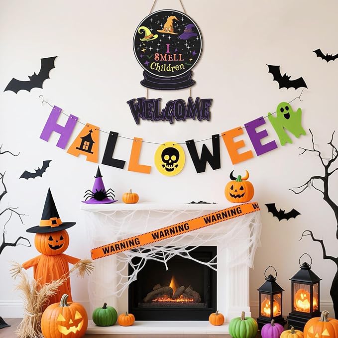 Welcome Halloween Door Sign,I Smell Children Sign,Hocus Pocus Halloween Decoration,Witches Door Decor Magic,Purple Crystal Ball Witches Wall Decor for Outdoor Indoor Home Porch Yard Party
