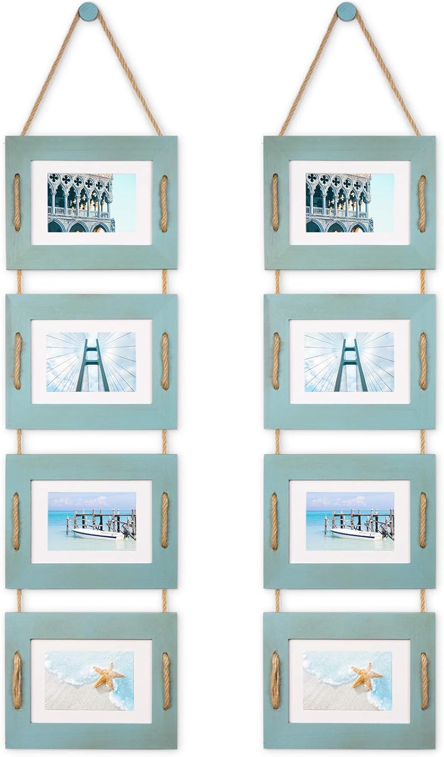 DLQuarts 5x7 Hanging Collage Picture Frames Wall Decor, 4-Opening 5x7 Matted to 3.5x5 Photo Rustic Wood Frame with Hemp Rope, 2 Pack, Ocean Blue