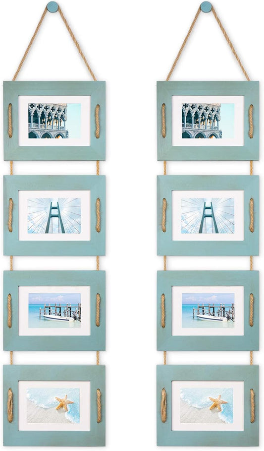 DLQuarts 5x7 Hanging Collage Picture Frames Wall Decor, 4-Opening 5x7 Matted to 3.5x5 Photo Rustic Wood Frame with Hemp Rope, 2 Pack, Ocean Blue