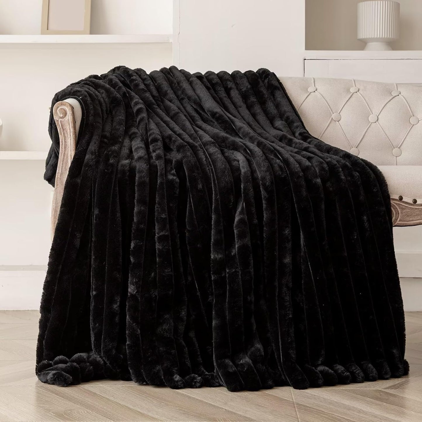 Black Halloween Faux Fur Throw Blanket for Couch, Fuzzy Cozy Soft Warm Plush Striped Throw Blanket, Decorative Fluffy Winter Blanket for Sofa Chair Bed Living Room Home Decor, 50"x60"