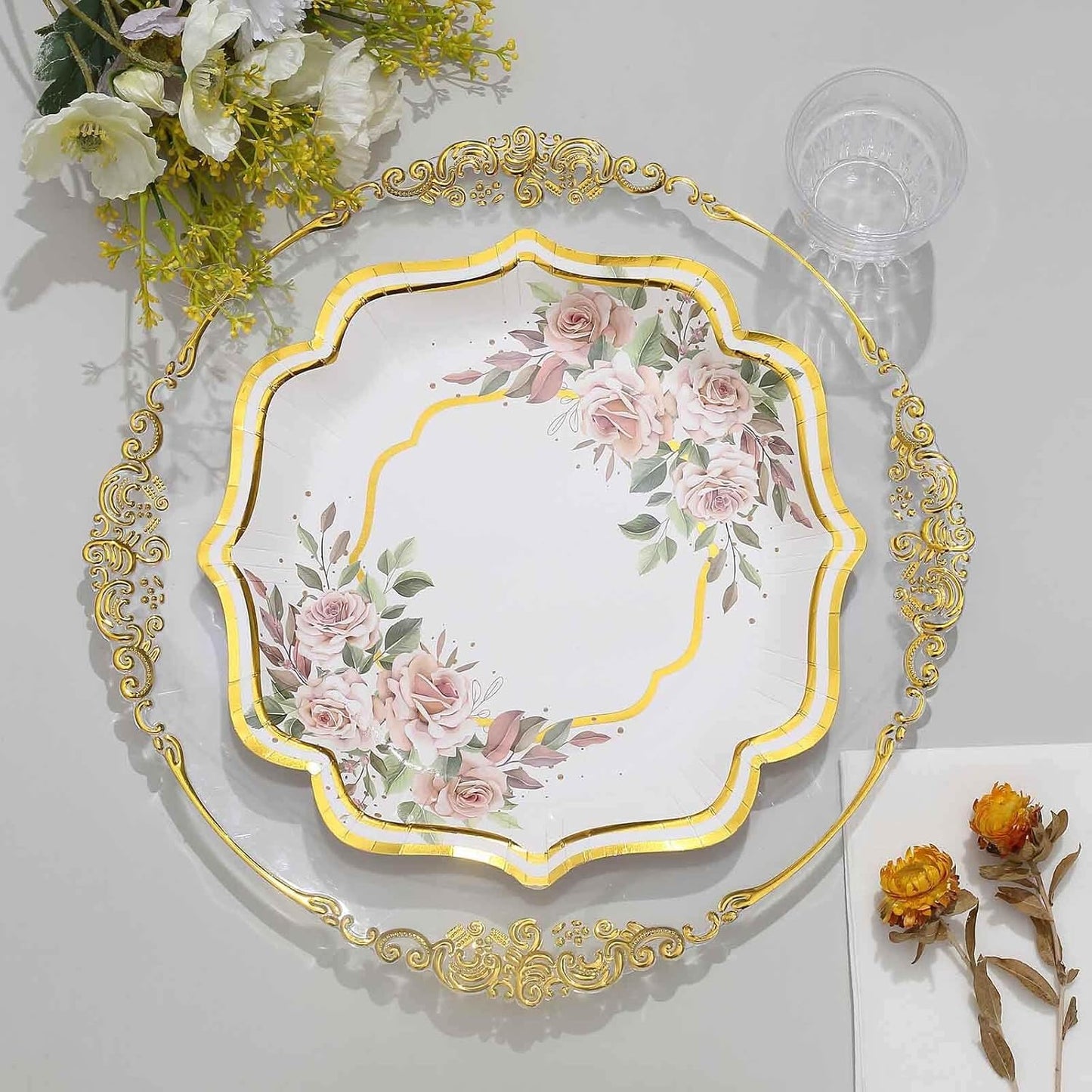 Efavormart 25 Pack | White/Gold Floral 10" Scallop Rim Dinner Party Paper Plates, Disposable Plates - 300 GSM