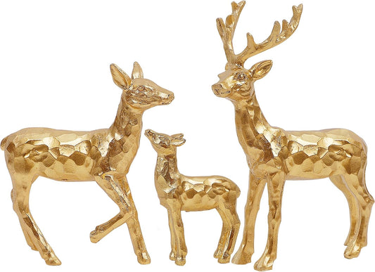 Lulu Home 3 PCS Christmas Tabletop Decorations, Resin Golden Reindeer Family Figurines with Diverse Postures, Xmas Holiday Winter Centerpieces Ornaments for Mantel Shelf Sill Home Office Decor