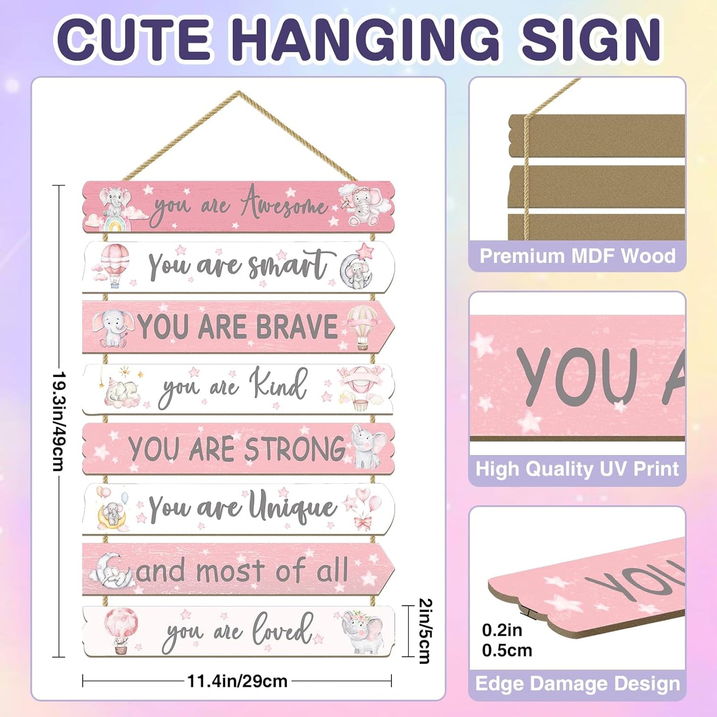 Girls Room Decor Elephant Wall Art Inspirational Wood Sign for Kids Bedroom Nursery Toddler Pink Decorations, 8 Pieces, 11.4"x2"