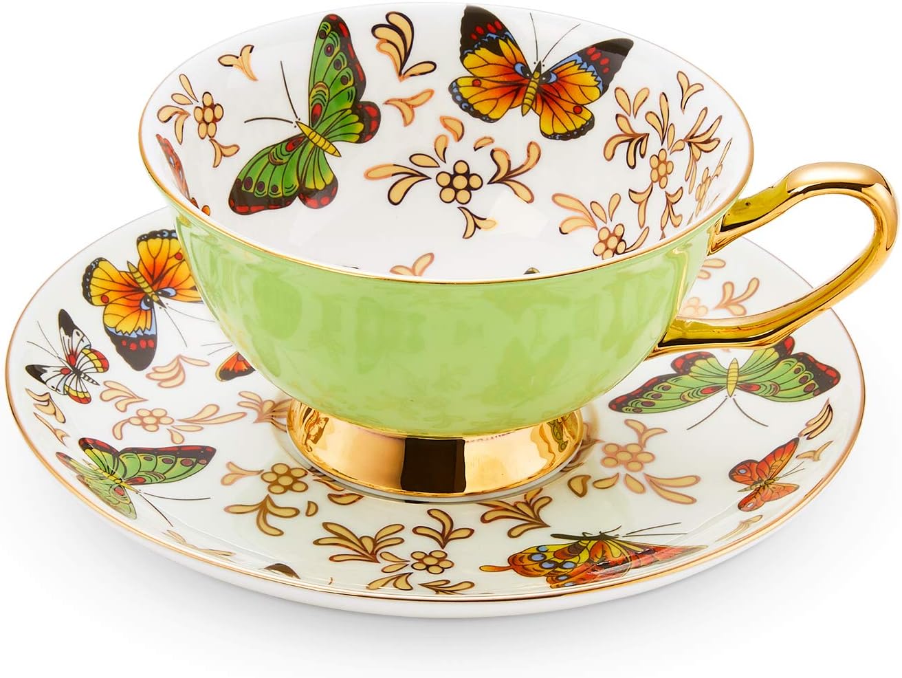 LURRIER Coffee Cup Mug with Saucer for Latte, Cappuccino Tea with Butterflies 6.8 Oz Fine Bone China, Dishwasher Safe, Reactive Glaze, 1 Pcs (Green)
