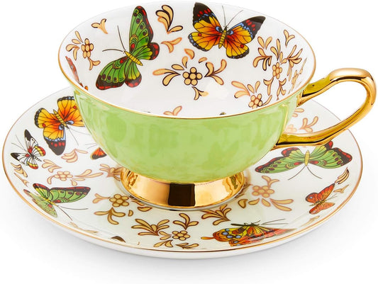 LURRIER Coffee Cup Mug with Saucer for Latte, Cappuccino Tea with Butterflies 6.8 Oz Fine Bone China, Dishwasher Safe, Reactive Glaze, 1 Pcs (Green)
