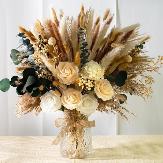 101pcs Natural Dried Pampas Grass Decor with Vase Artificial Flowers in Vase Boho Home Decor Bouquet Bunny Tails Dried Flowers, Reed Grass Bouquet for Wedding Floral Arrangements (101pcs)