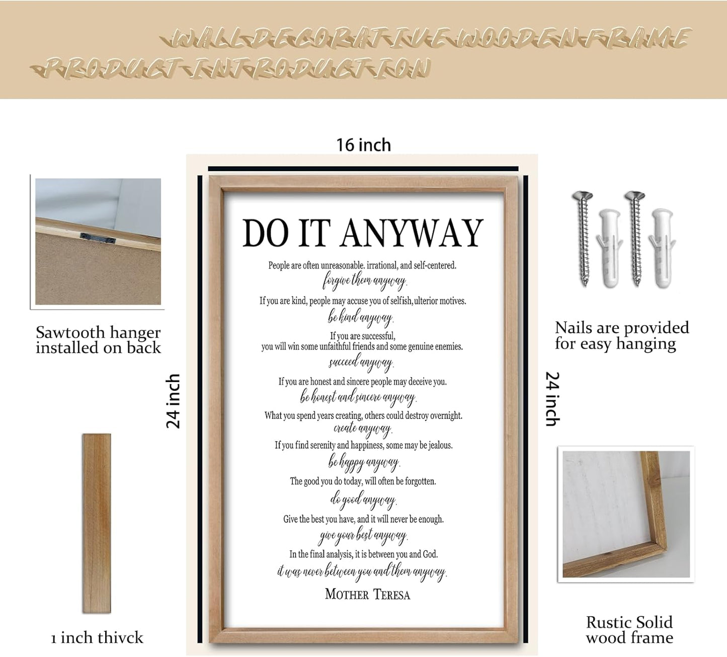 comurdyo Do It Anyway Wall Decor 24"x16" Mother Theresa Quotes Inspirational Sign Bible Verse Christian Motivational Modern Bedroom Vintage Wood Framed Farmhouse Wall Hanging Art (Wood)