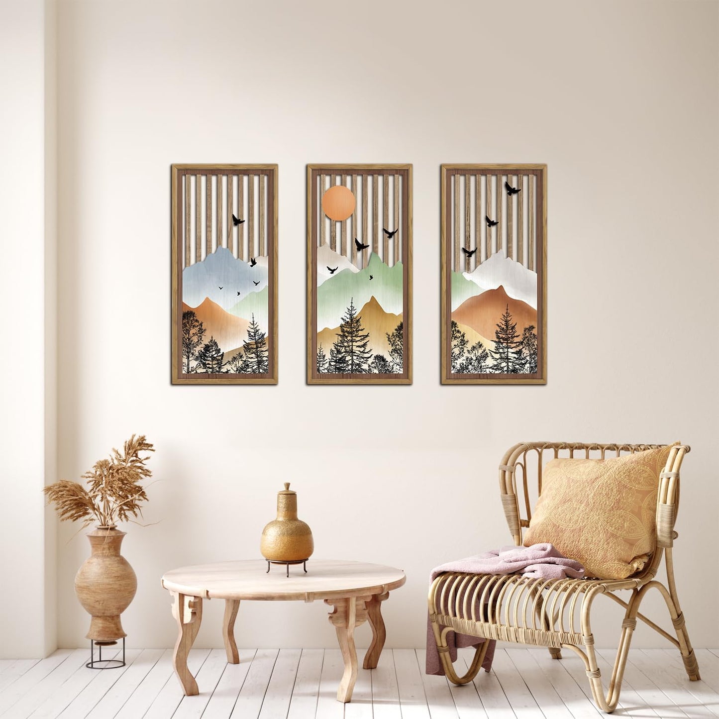 KAIRNE Landscape Wooden Wall Art,Mountain Wall Decor Set or 3(16”X8”),Forest Bird Wood Hanging Decor,Nature Scene Artwork,Vintage Farmhouse Wall Art for Bedroom Living Room Office Decoration,Framed