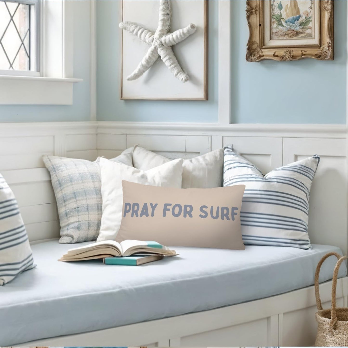 Coastal Beach Room Decor 12x20 Pillow Cover, Beach House Decor, Pray for Surf Coastal Decorative Lumbar Pillow Covers for Girls Boys Bedroom College Dorm Sofa Couch
