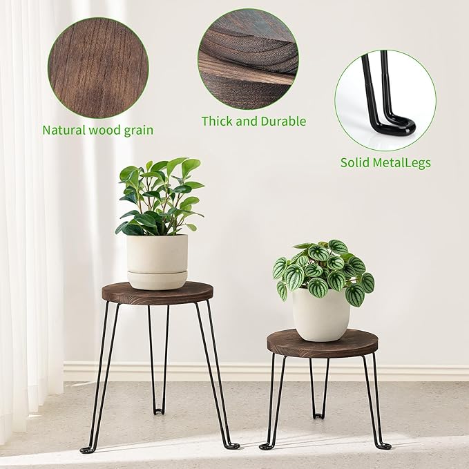 Yangbaga 2Pack Wooden Plant Stands Indoor,11.81IN Round Plant Stands with Metal Legs,Mid Century Plant Holder for Home Decor,Multi-purpose Plant Table for Living Room/Patio/Garden/Balcony/Office