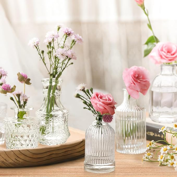 Glass Bud Vases Set of 12, Vintage Small Vases for Flowers, Clear Crystal Mini Glasses in Bulk, Small Flower Design for Centerpieces Wedding Decorations Home Flower Party Decor