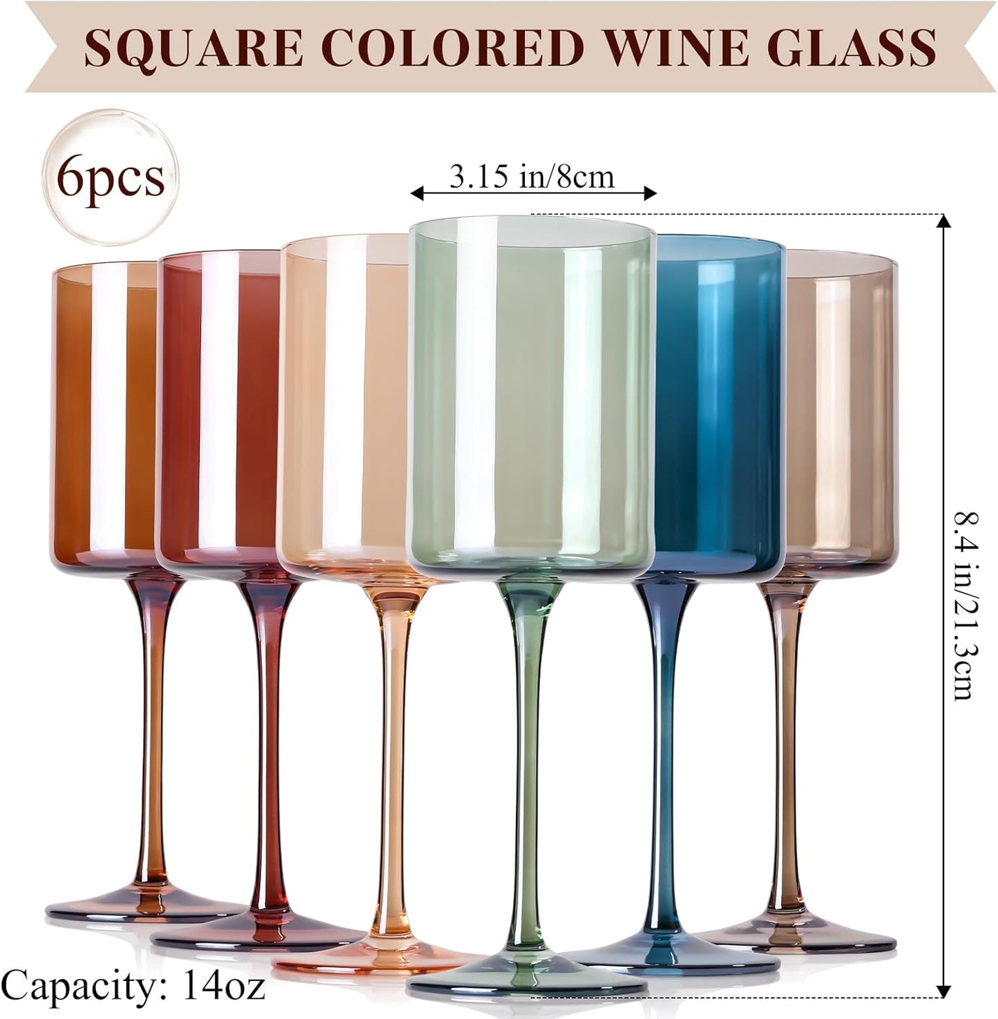 Colored Square Wine Glasses Set of 6, 14oz【Hand Blown】 Colorful Crystal Wine Glasses with Stem - Unique Muticolor Glasses Gifts for Birthday Women Party
