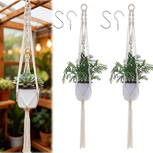 2Pcs 40inch Macrame Plant Hanger with 4 Hooks,Indoor Outdoor Hanging Planter for Plants Holder, Boho Home Decor Ivory