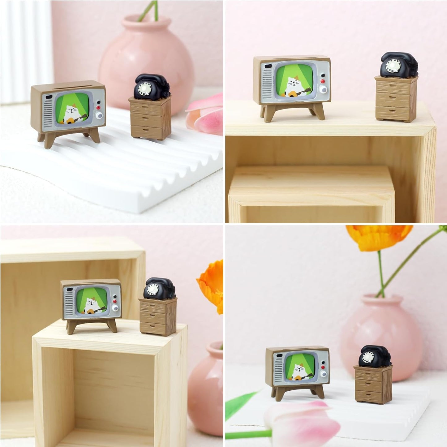 Cute Mini TV and Telephone Cabinet Figurine for Living Room,Shelf Decor Cute Design Perfect Cute Cat Gift for Cat Lovers