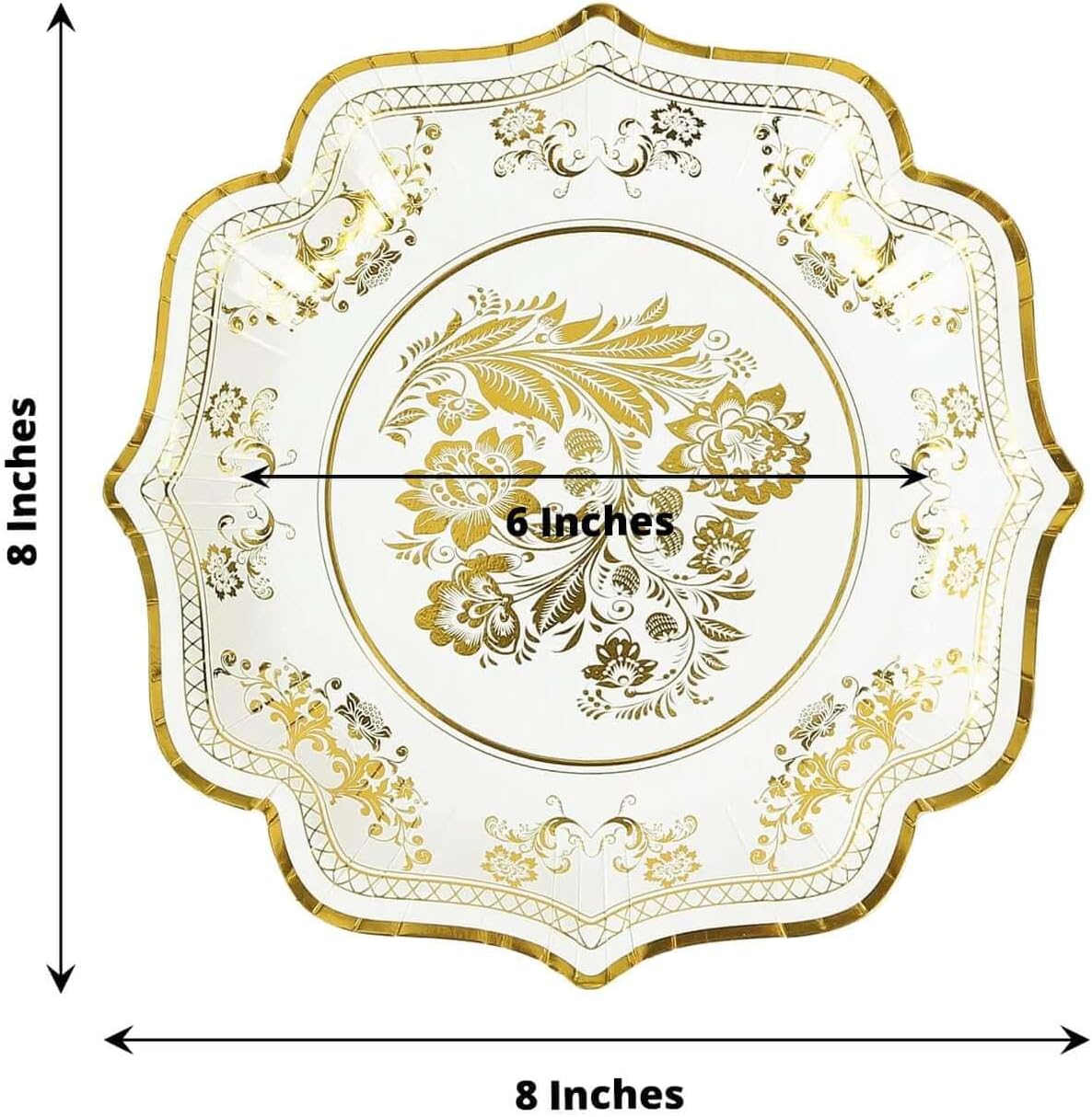 Efavormart 25 Pack White Gold Paper Dessert Plates in French Toile Floral Pattern, 8" Round Disposable Salad Appetizer Plates with Scalloped Rims - 300 GSM