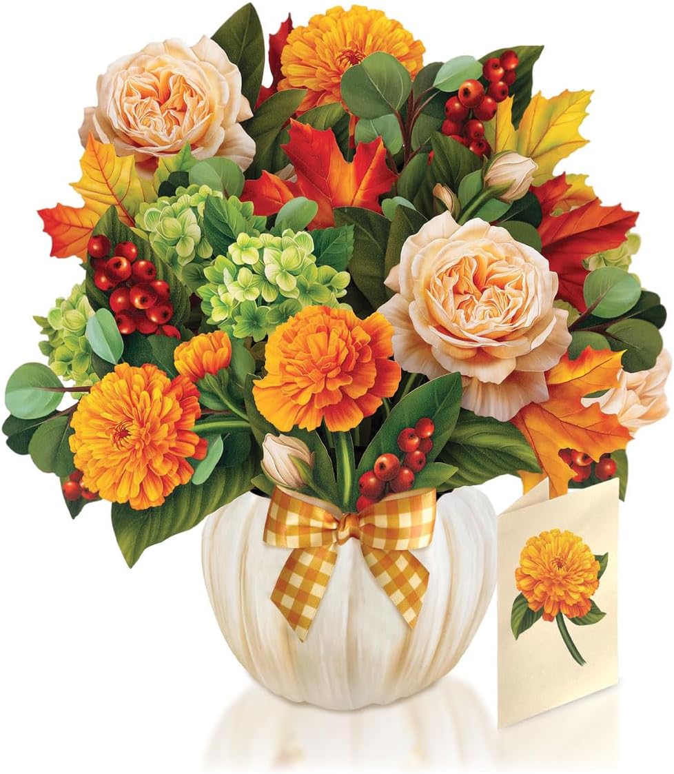Freshcut Paper Pop Up Cards, Pumpkin Spice, 12 Inch Life Sized Forever Flower Bouquet 3D Popup Greeting Card, Autumn Cards, Birthday Card, Blank Notecard & Envelope