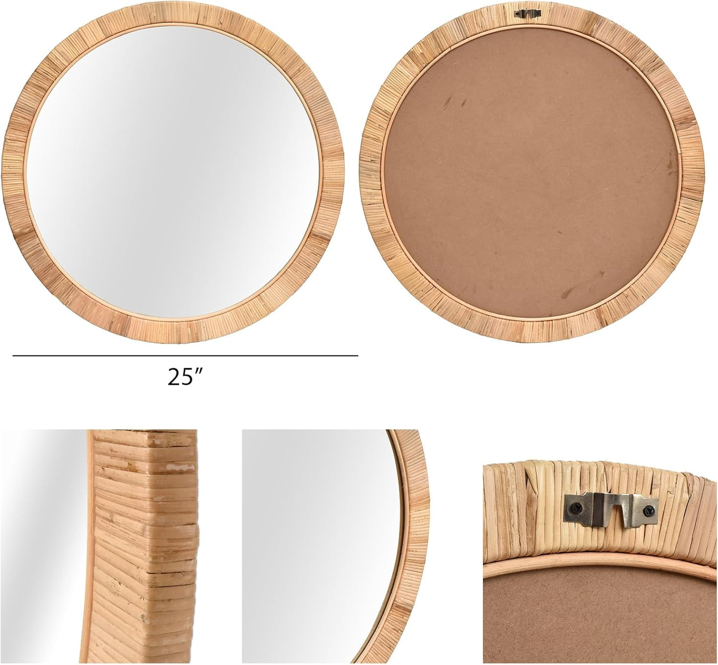 FUIN 25" Boho Chic Round Rattan Mirror - Handmade Wicker Frame - Perfect for Rustic Farmhouse Décor