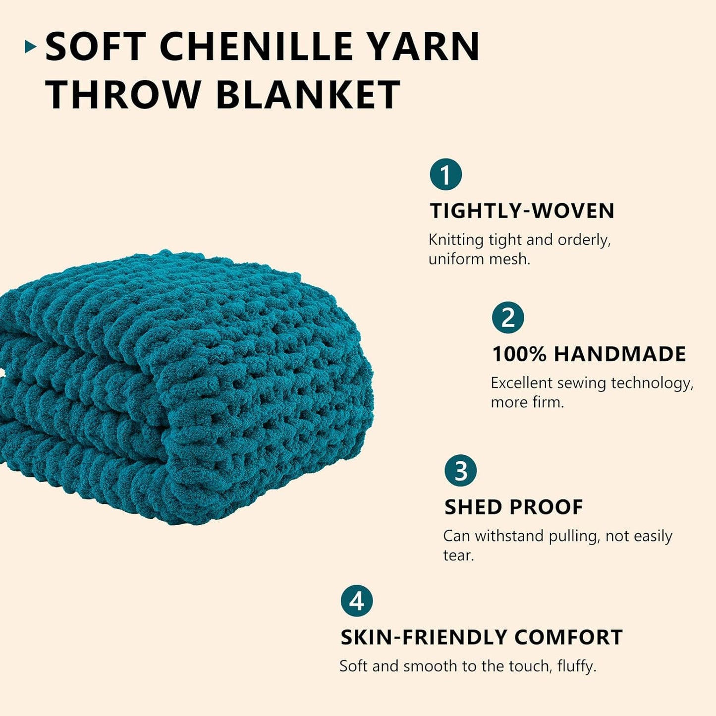L'AGRATY Chunky Knit Blanket Throw: 50''x60'' Chenille Chunky Knitted Throw Blanket for Bed Couch - Handmade Thick Big Cable Knit Blanket - Large Crochet Rope Blanket for Home Decor(Teal)