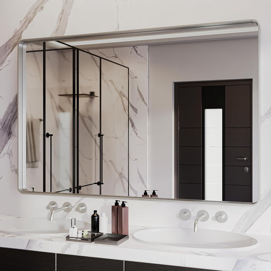 ISKM Silver Framed Mirror for Bathroom 55" x 36" Matte Bathroom Vanity Mirror Anti-Rust, Tempered Glass, Rounded Rectangle Mirror(Horizontal/Vertical)