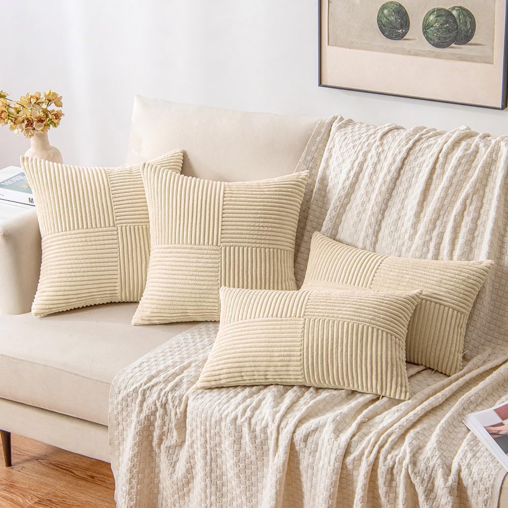 MIULEE 24x24 inch Euro Cream Corduroy Pillow Covers Pack of 2 Boho Decorative Spliced Throw Pillow Covers Soft Solid Couch Pillowcases Cross Patchwork Textured Cushion Covers for Living Room Bed Sofa