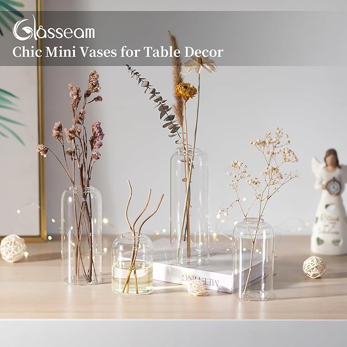 Glasseam Glass Bud Vase for Centerpieces, 12pcs Small Flower Vase in Bulk for Single Rose Bouquet, Modern Minimalis Clear Table Centerpieces for t Wedding Party Living Room Bathroom Kitchen Home Decor