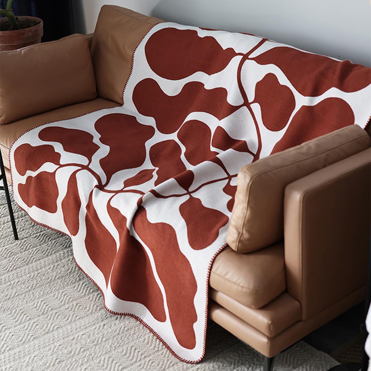 Faux Cashmere Throw Blanket Geometric Leaf Pattern Vintage Nordic Style Soft Warm Blanket for Office Car Leisure Travel Tapestry Decorative Throw for Sofa Couch Bed Settee 130 x 180 cm