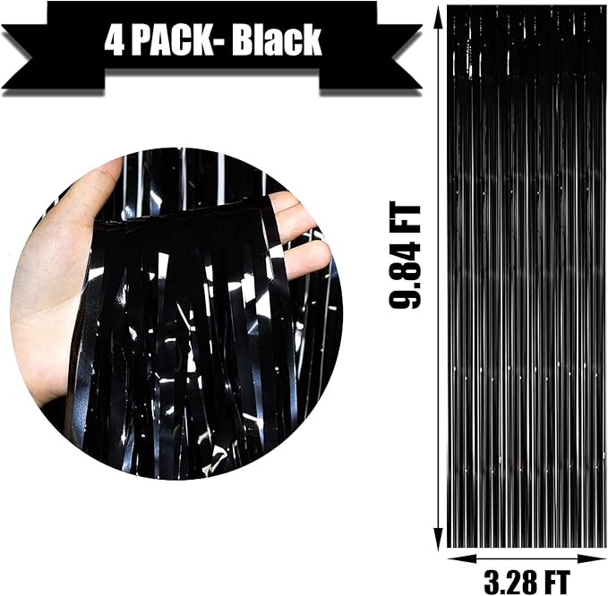 4 Pack Black Foil Fringe Curtain Backdrop, 3.28Ftx9.84Ft Metallic Tinsel Foil Fringe Streamers Curtains for Party, Photo Booth Props, Birthday, 2022 Graduation Decoration Supplies