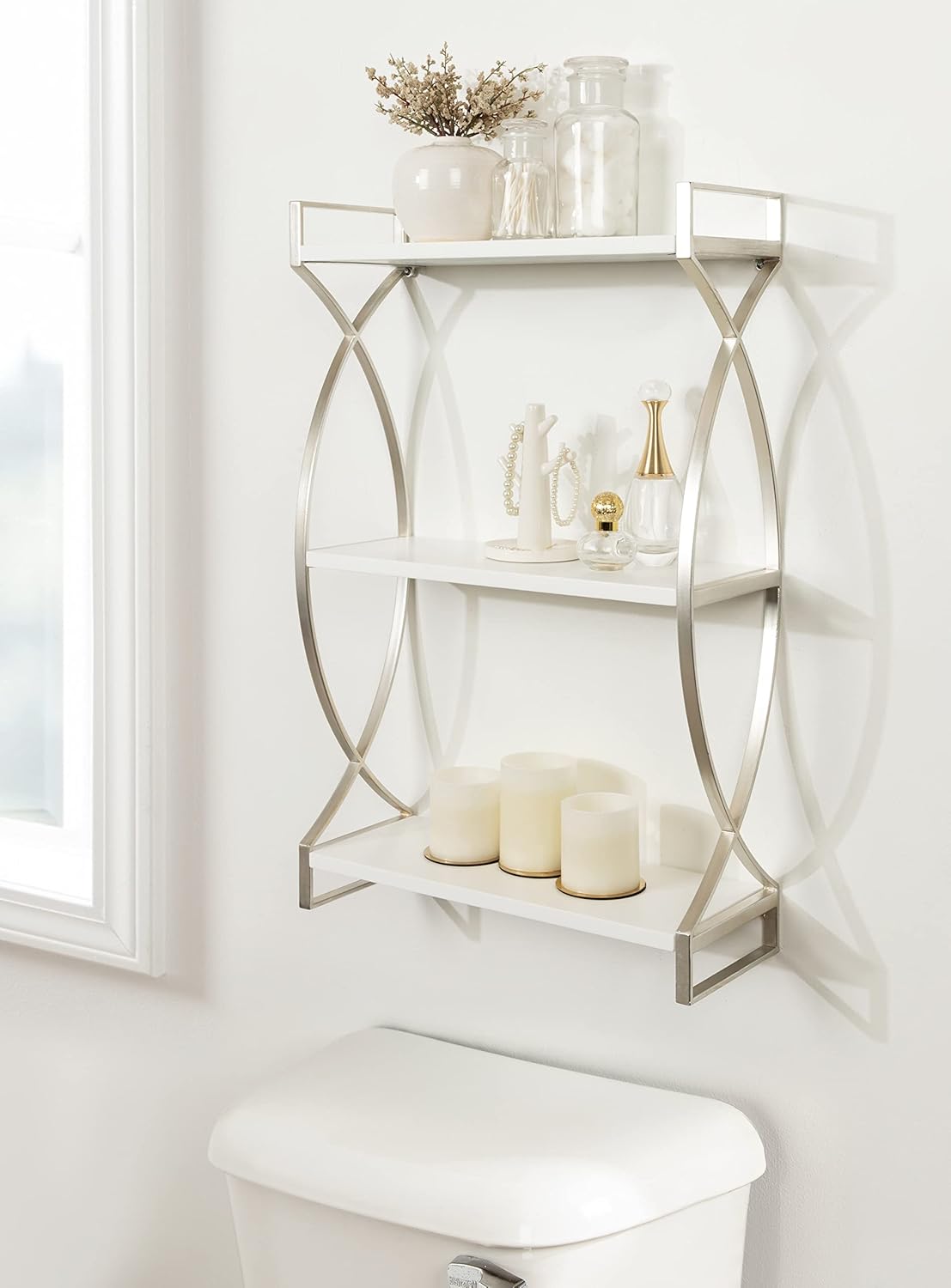 Kate and Laurel Arietta Modern Glam 3-Tier Wood and Metal Shelf; 18 x 7 x 28; White and Silver; Chic Contemporary Storage and Decor