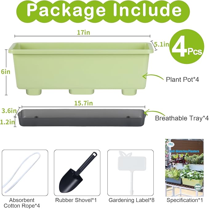 Window Box Planter 4 Packs, 17 Inches Rectangle Flower Pots with Drainage Holes & Trays, Pots for Vegetables, Herbs, Flowers, Garden Windowsill Balcony (Light Green, 17 * 5.1 * 6 inch)