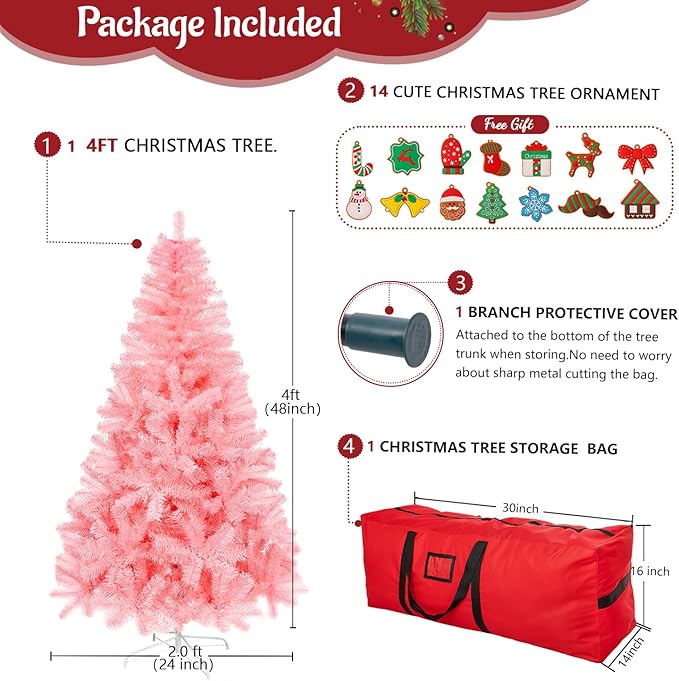 ULICO 4ft Artificial Pink Christmas Tree,Premium Spruce Xmas Tree with 450 Branch Tips, Fake Christmas Tree with Foldable Metal Base Stand,Home, Office,Party Decoration