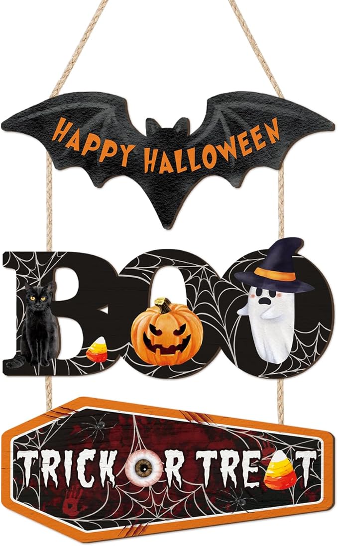 HOURIA Happy Halloween Wooden Sign(11.4”x14.6”),Halloween Boo Wall Decor,Cute Ghost Black Cat Pumpkin Door Hanger,Trick or Treat Wall Hanging Door Sign for Party Front Door Home Indoor Outdoor Yard