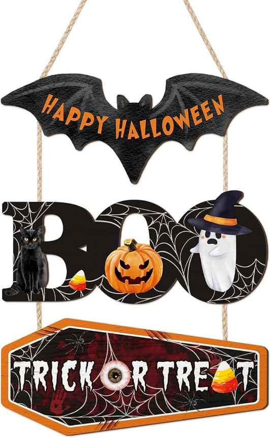 HOURIA Happy Halloween Wooden Sign(11.4”x14.6”),Halloween Boo Wall Decor,Cute Ghost Black Cat Pumpkin Door Hanger,Trick or Treat Wall Hanging Door Sign for Party Front Door Home Indoor Outdoor Yard