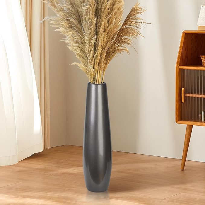 Silvery Ceramic Tall Floor Vase,17.7 Inch Large Modern Flower Vases for Home Décor,Wicker Big Floor Vase Decorations for Farmhouse, Living Room,Bedroom,Standing Plastic Vase Decorative Tall