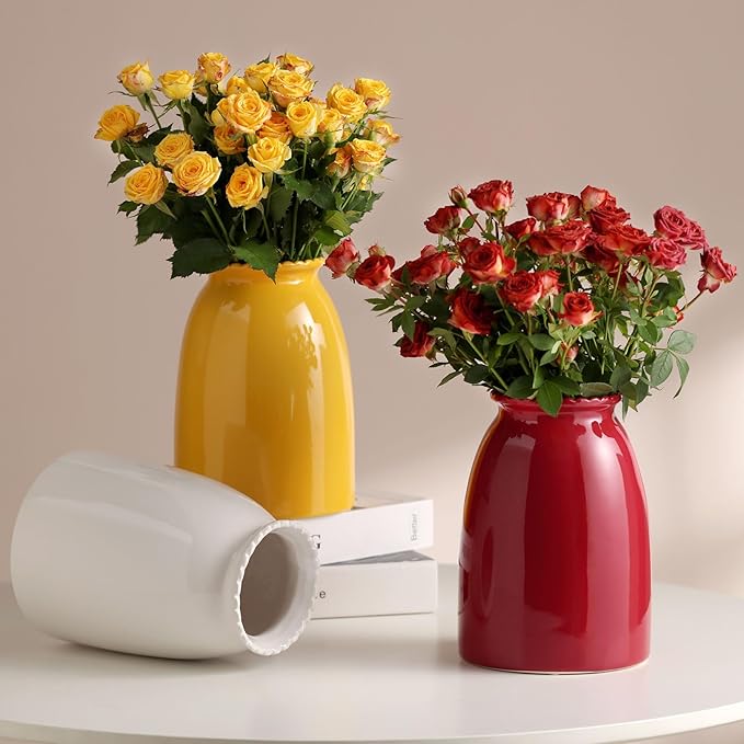 hjn Red Flower Vase- Ceramic Vase for Decor, White vase for Flowers, Modern Vases for Living Room/Home Decor Accents/Entryway/Mantel/Bookshel-Red