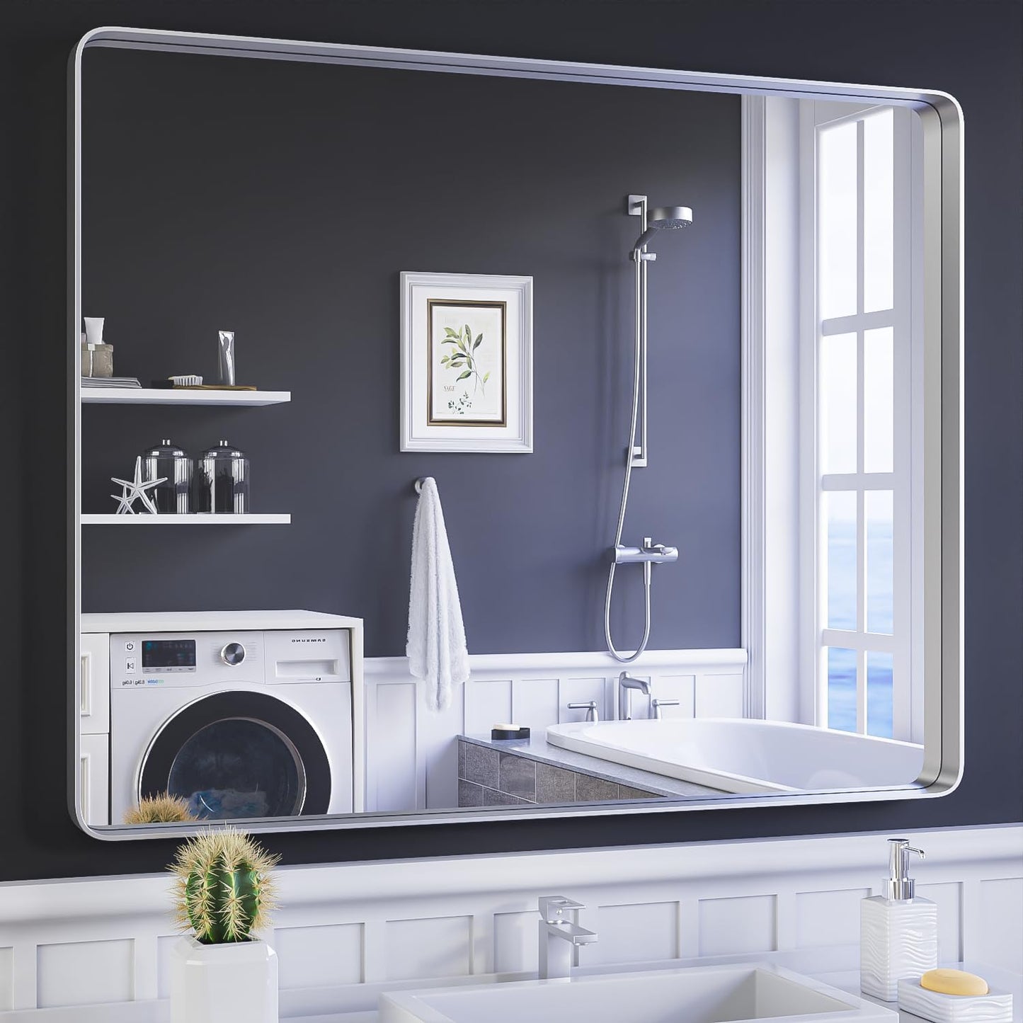 ISKM Silver Framed Mirror for Wal Bathroom Mirror for Wall 48" x 40" Matte Framed Vanity Mirror Anti-Rust, Tempered Glass, Rounded Rectangle Mirror(Horizontal/Vertical)