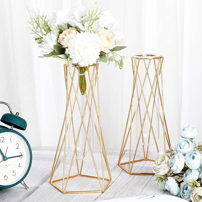 4 Pcs Gold Geometric Vase for Centerpieces Metal Flower Stand with Glass Cylinder Hydroponic Plant Flower Vase for Home Floor Office Wedding