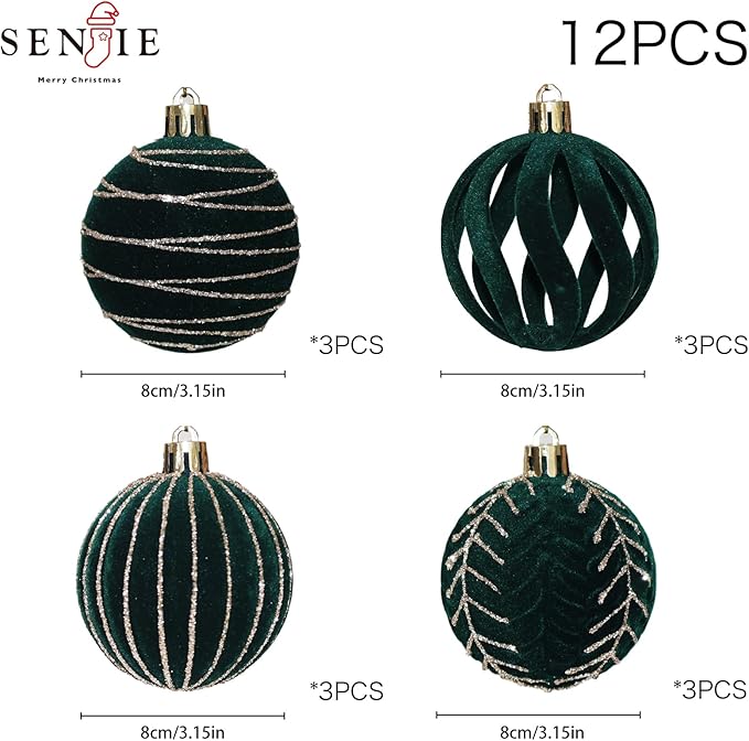 3.15INCH Green Velvet Ornaments for Christmas Tree, 12PCS Glitter Flocked Christmas Ornaments Decorations Balls Set Decor