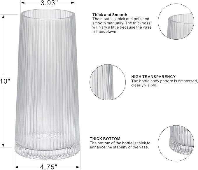 10" High Clear Glass Vase for Flower, Flower Vase for Bouquet, Ribbed Vases, Modern Glass Vase for Living Room, Bedroom, Dinning Table, Wedding, Centerpiece (Clear, 4.8"x10")