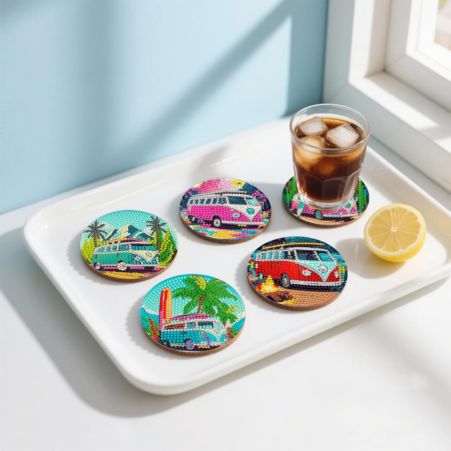 DOZEEZOP 8 PCS Landscape Diamond Art Coasters Kit, Bus 5D Diamond Painting Coasters with Holder, Fall Small Diamond Art Kits for Adults Beginners, Diamond Dots Arts and Crafts Supplies