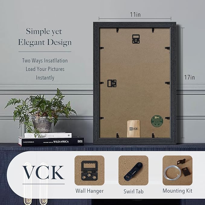 VCK 11x17 Picture Frame 3 Pack - Black Oak, Natural Textured Solid Wood Poster Frame, Wall Hanging