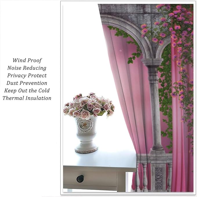 Pink Gothic Blackout Curtains，Vintage Romantic Roses Medieval Castle Pattern Drapes Window 2 Panel Rod Pocket Curtain for Bedroom Living Room Decor 31.5" W X 72" L