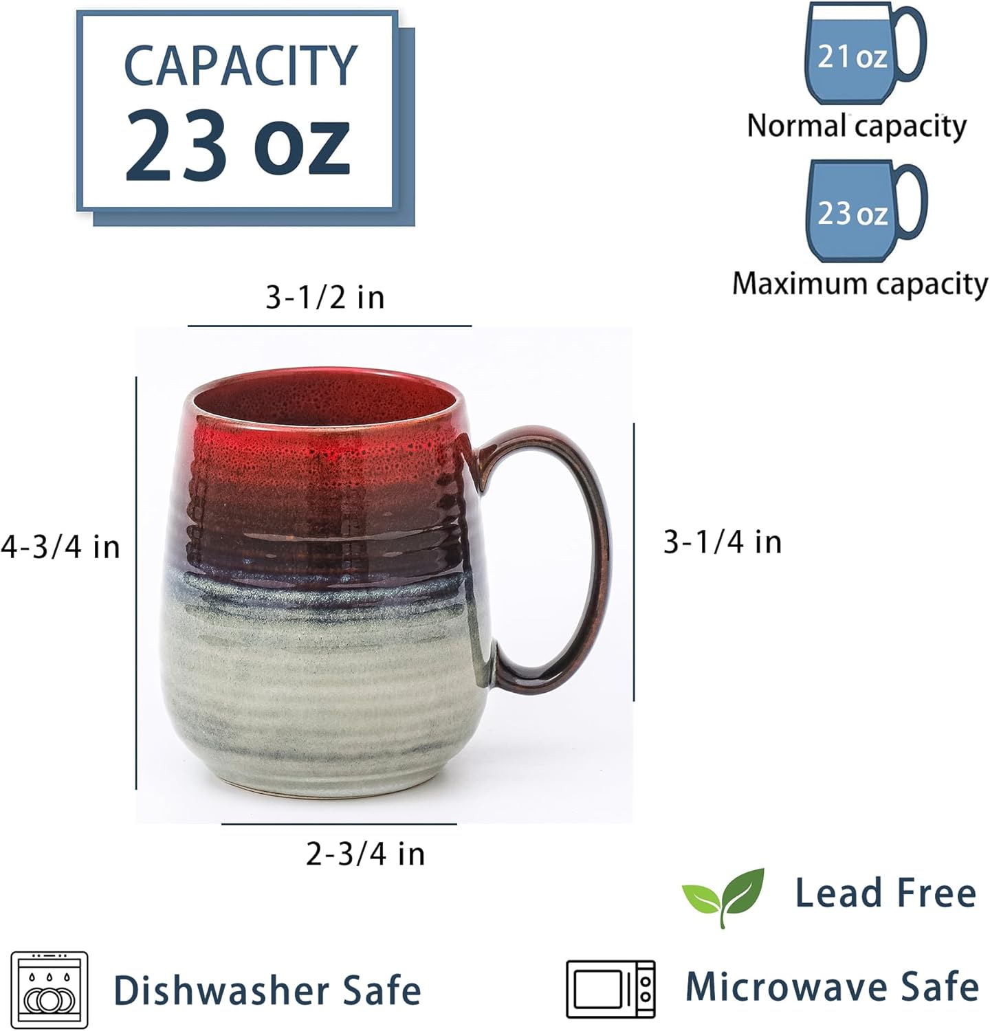 Large Coffee Mugs, Extra Large Ceramic Coffee Mug, 23 oz Handmade Pottery Mug, Big Tea Cups with Handle for Office and Home, Dishwasher and Microwave Safe (Ink Red)