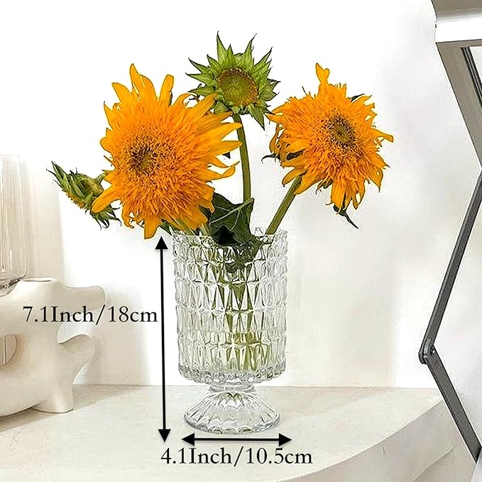 BLOFLO Embossed Glass Vase, 7'' Crystal Glass Vases, Pedestal Big Base Glass Bouquet Vase, Hydroponic Glass Transparent Vase for Home Office Wedding Dining Table Party (Long Rhombus Pattern)