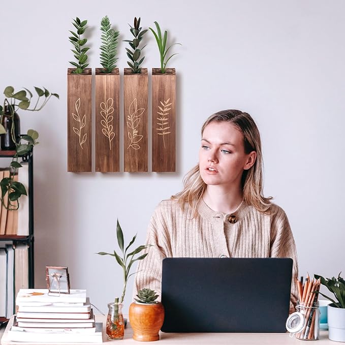 4 Pack Wood Indoor Wall Planter, Modern Boho Wall Decor for Living Room Bedroom, Farmhouse Pocket Vases for Dried Flowers and Faux Greenery Plants - Brown