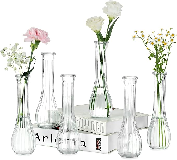 NUPTIO Glass Bud Vases Centerpiece: 6 Pcs Small Flower Vase for Wedding in Bulk - Cute Clear Ribbed Vase for Party Events Home Table Decor