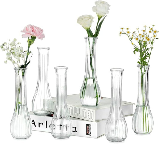 NUPTIO Glass Bud Vases Centerpiece: 6 Pcs Small Flower Vase for Wedding in Bulk - Cute Clear Ribbed Vase for Party Events Home Table Decor