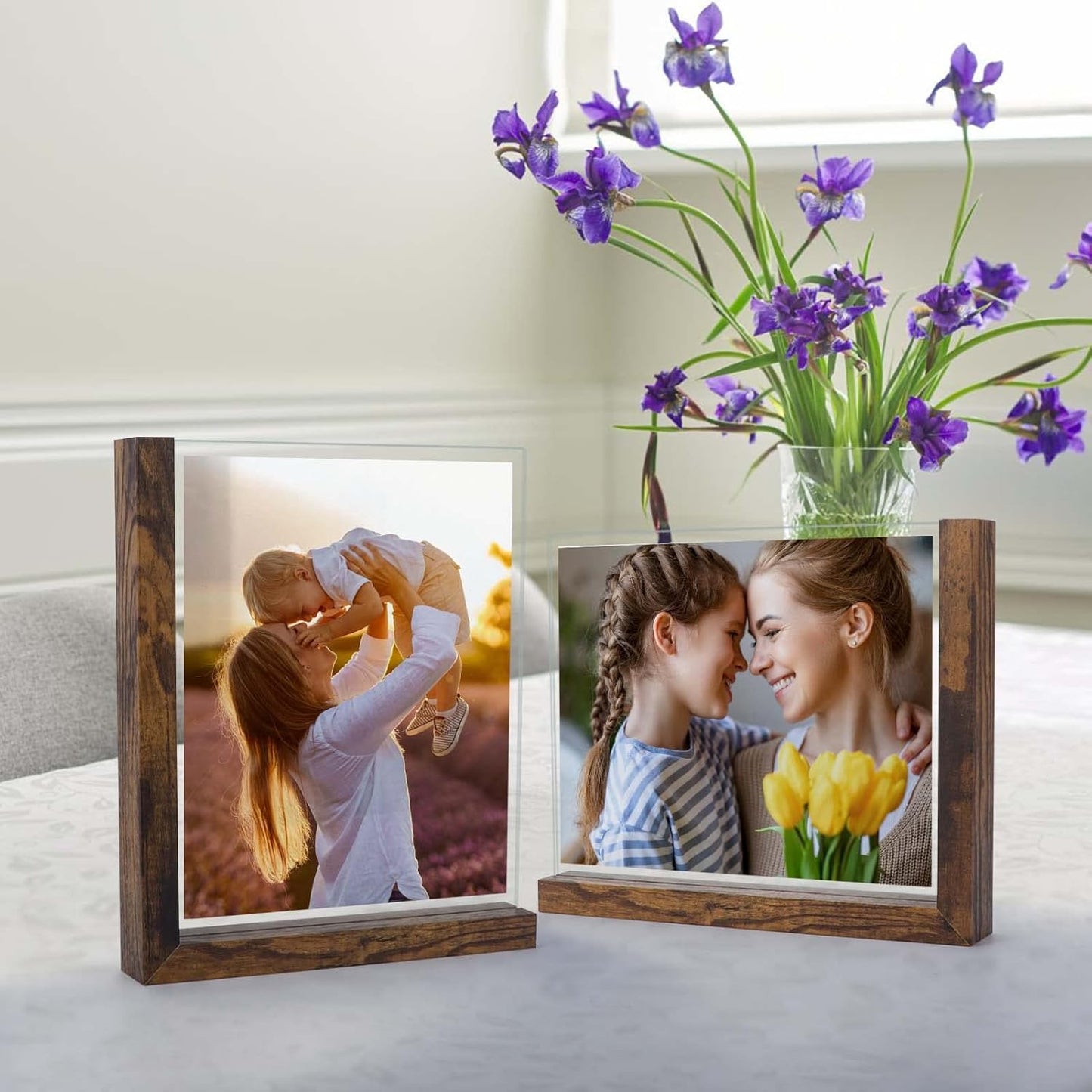 Lavezee 8x10 Picture Frames Set of 2, Rustic L Shaped Double Sided Frame for 8 by 10 Photo, Made of Brown Base and HD Tempered Glass Covers for Table Top Display