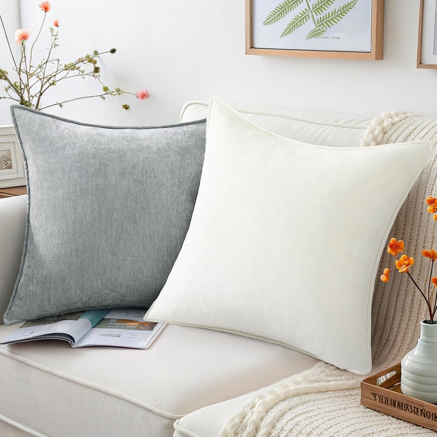 decorUhome Couch Throw Pillow Covers 20x20 Set of 2, Decorative Soft Euro Neutral Chenille Pillow Covers with Elegant Design for Sofa Bed Living Room Home Decor, Ultimate Gray